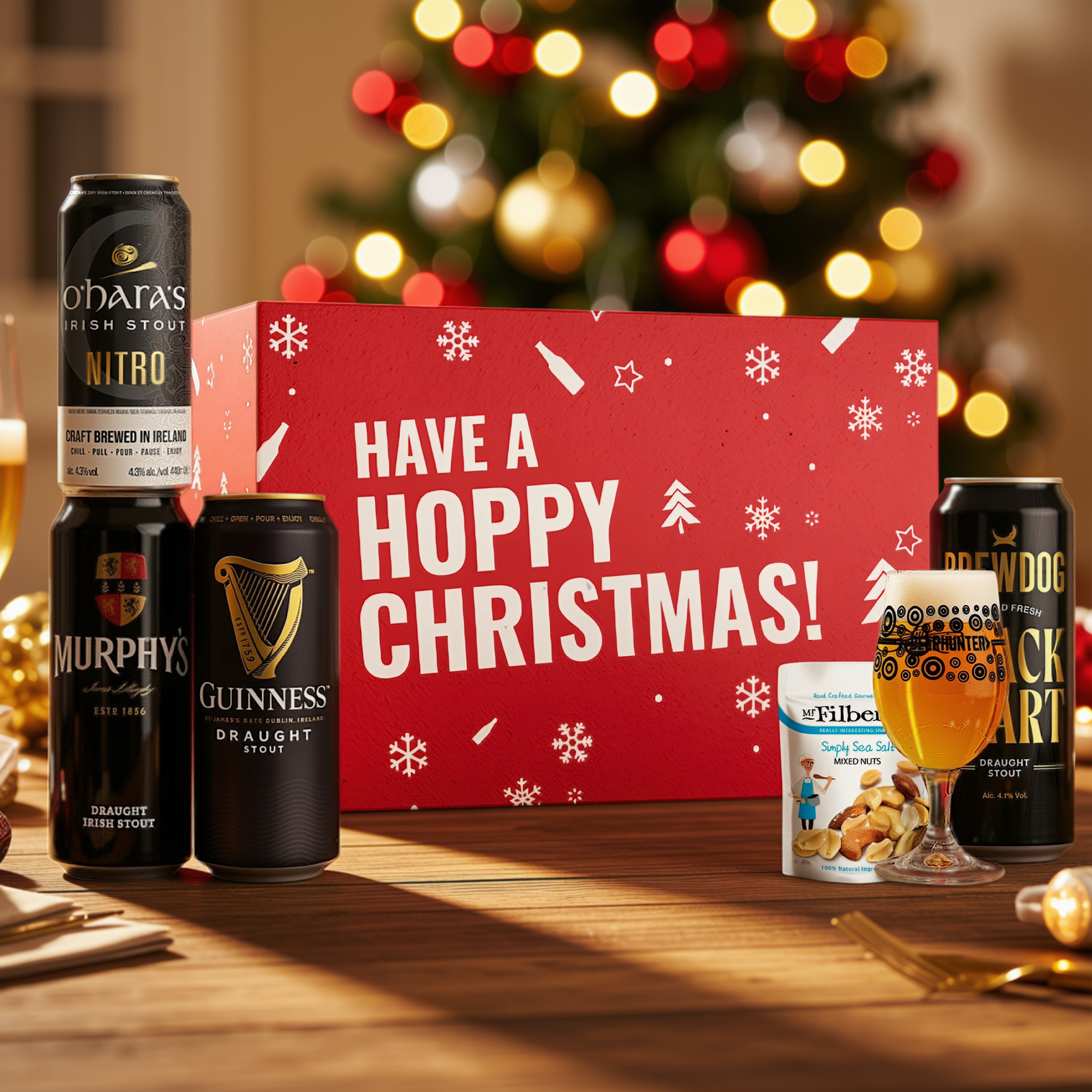 Hoppy Christmas Stout Beer Gift Set with Beerhunter Glass & Mr Filbert’s Snacks – 4 Cans