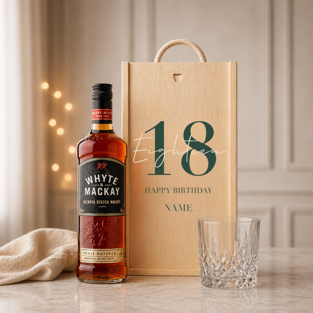 Personalised 18th Birthday Whisky Gift Set with Glass &amp; Personalised Lid (Choose JD, Glenfiddich, Haig Club &amp; More) 70cl