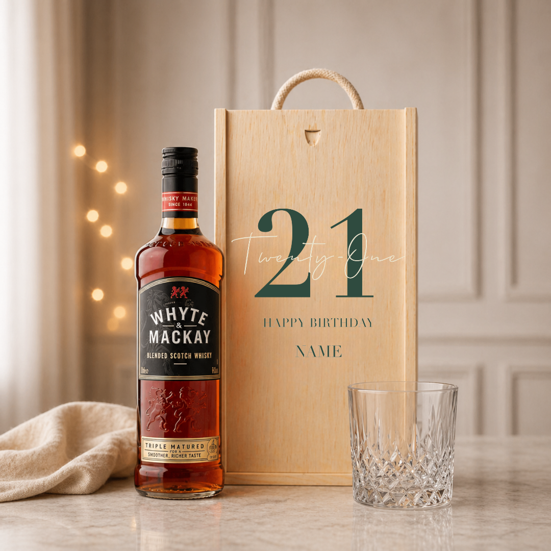 Personalised 21st Birthday Whisky Gift Set with Glass &amp; Personalised Lid (Choose JD, Glenfiddich, Haig Club &amp; More) – 70cl