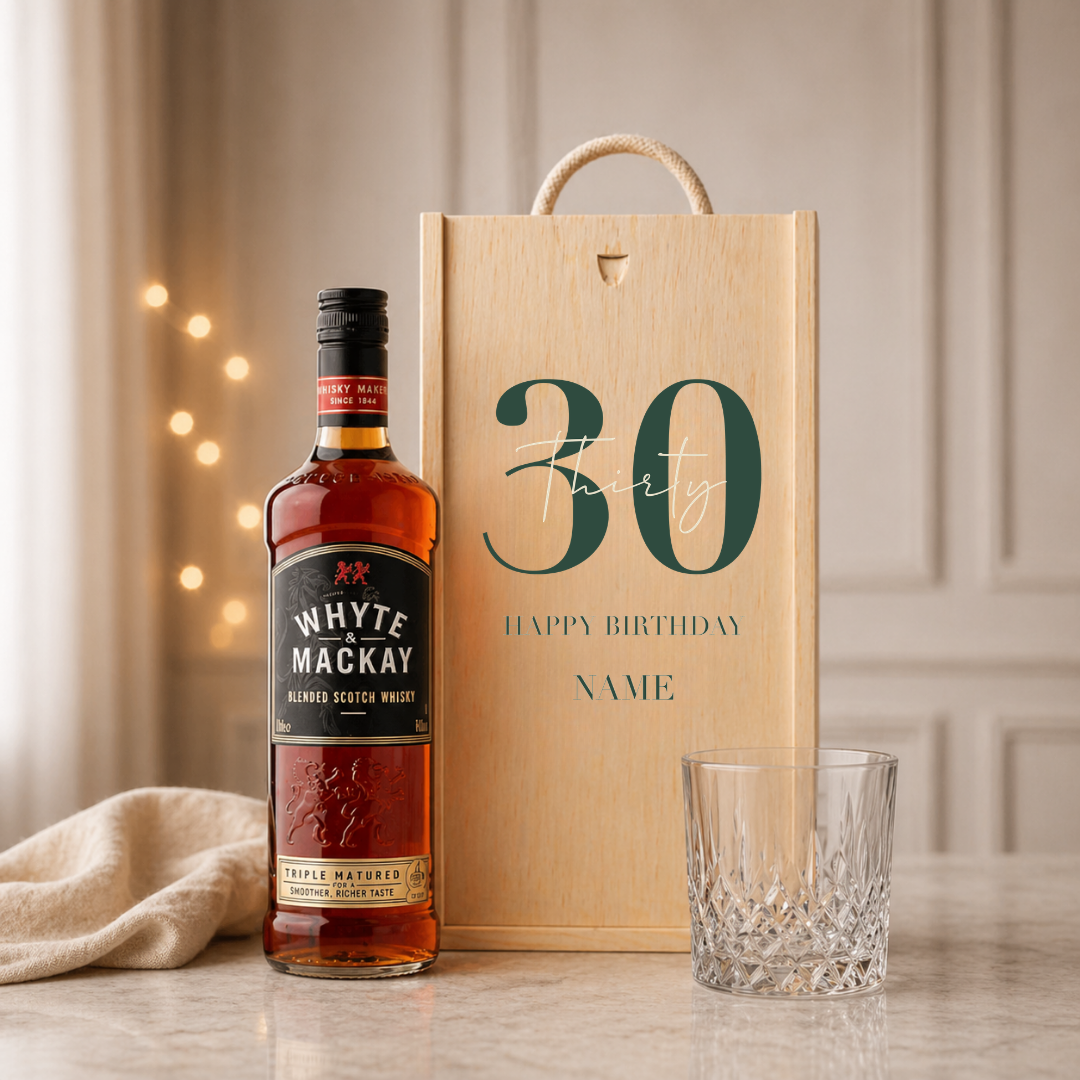 Personalised 30th Birthday Whisky Gift Set with Glass &amp; Personalised Lid (Choose JD, Glenfiddich, Haig Club &amp; More) – 70cl