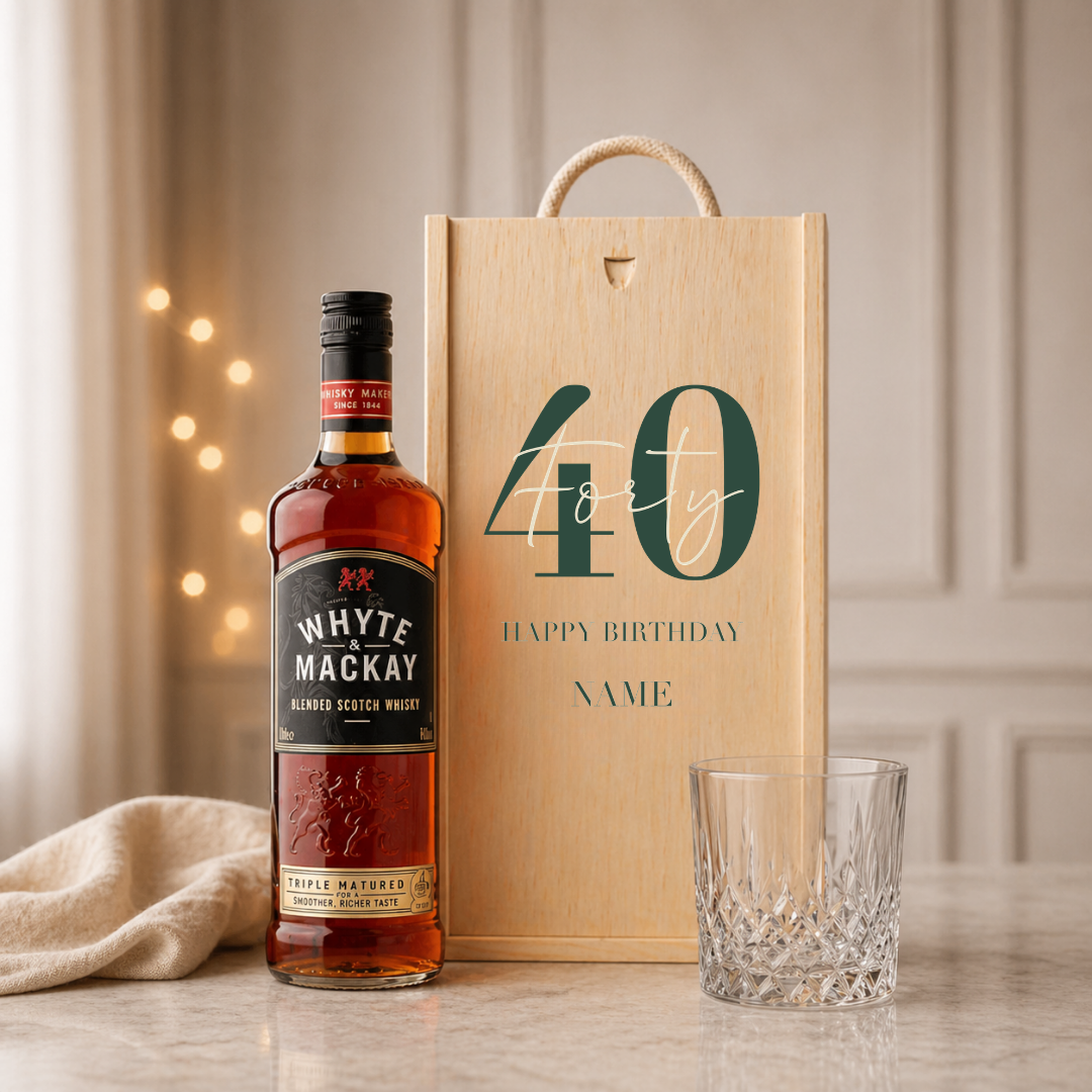 Personalised 40th Birthday Whisky Gift Set with Glass &amp; Personalised Lid (Choose JD, Glenfiddich, Haig Club &amp; More) – 70cl