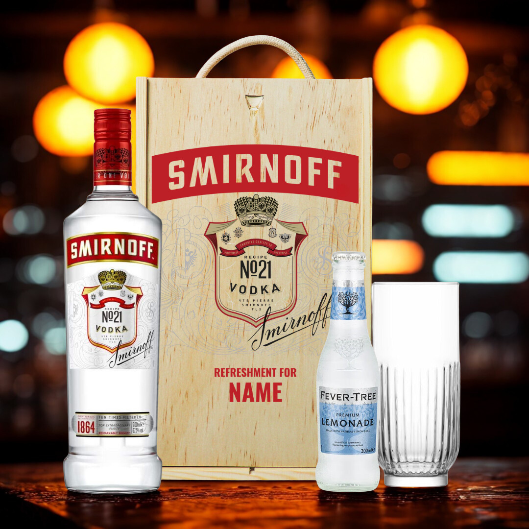 Personalised Smirnoff Vodka Gift Set Triple Distilled Gift Set with Rocks Glass & Fever Tree Lemonade - 70cl (37.5% ABV)