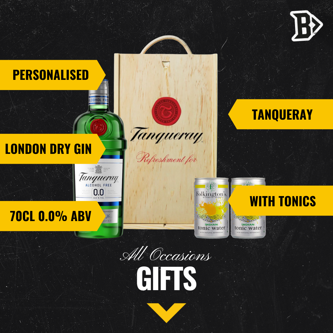 Personalised Tanqueray 0.0 Alcohol-Free Gin & Tonic Gift Set In Wooden Box – 0.0% ABV (70cl)