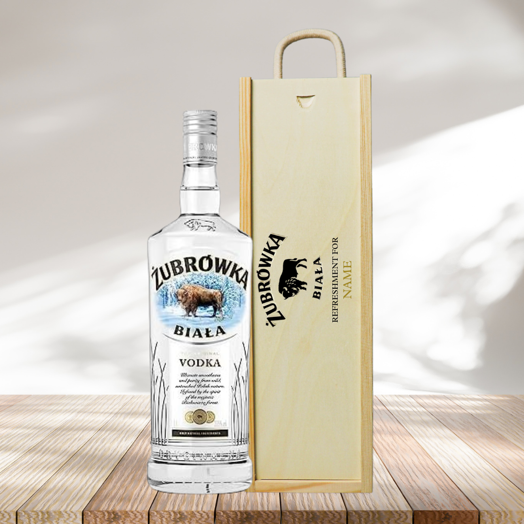 Personalised Żubrówka Biała Polish Vodka in Wooden Box Gift Set