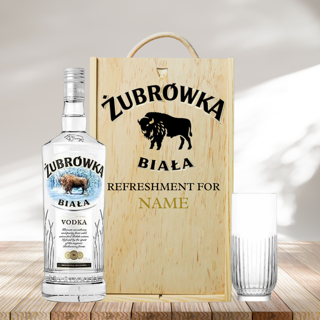 Personalised Żubrówka Biała Polish Vodka with Vodka Glass in Wooden Box Gift Set