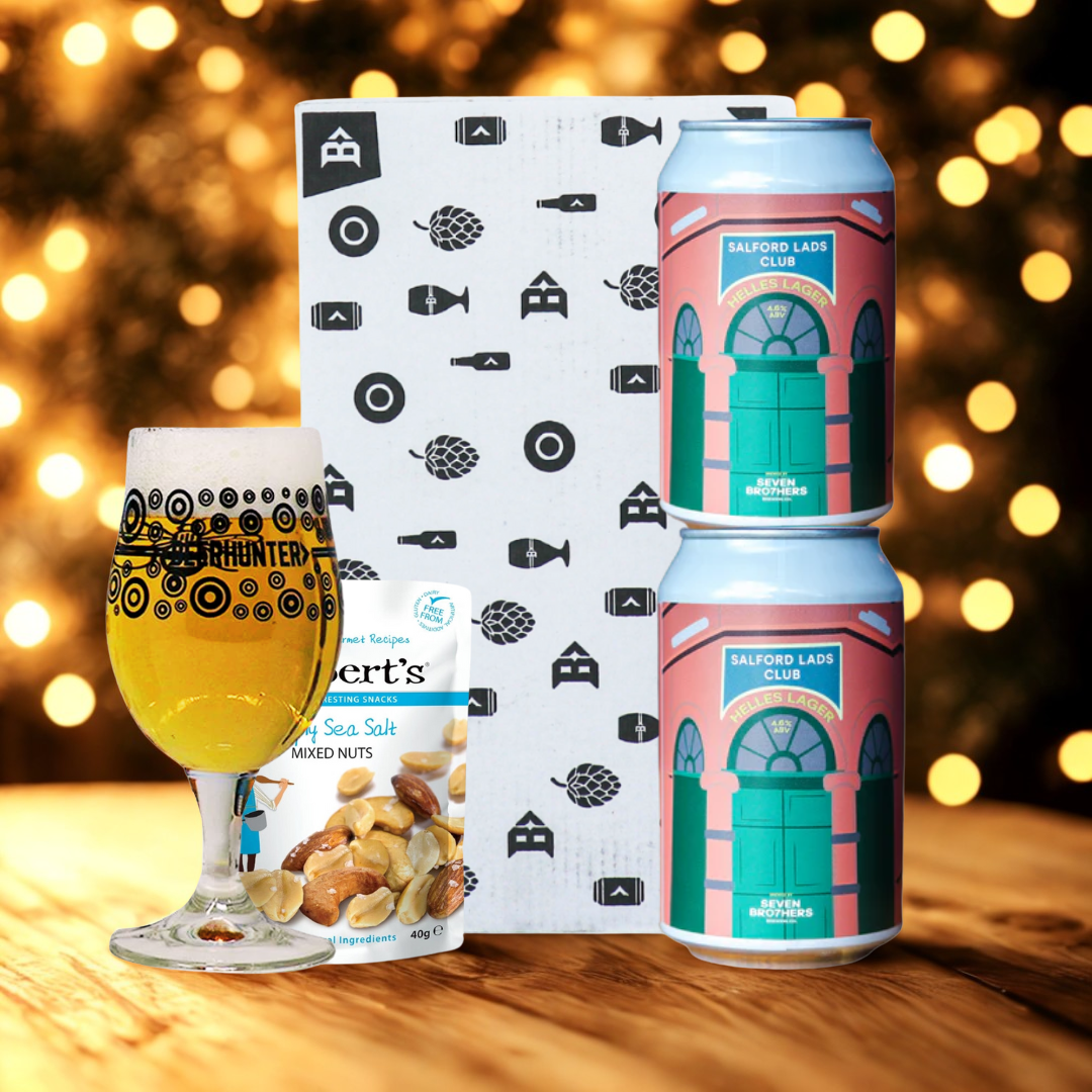 Salford Lads Club x Seven Bro7hers Helles Lager 2-Can Gift Set with Beerhunter Glass – 4.6% ABV (330ml)