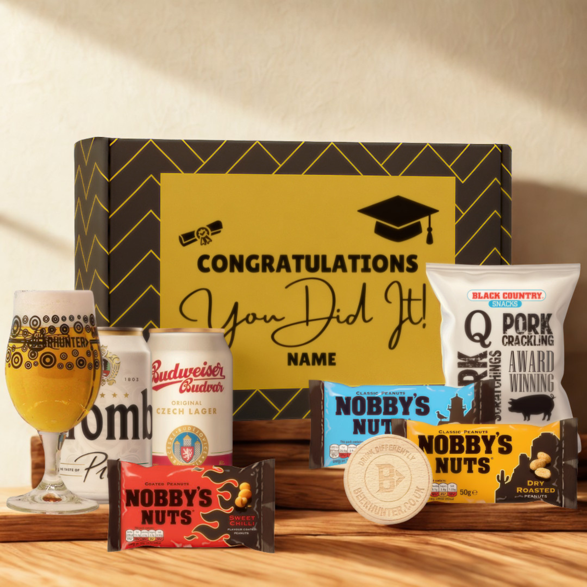 Personalised Graduation Beer Gift Set – Craft Beer Selection with Glass &amp; Snacks (2 Pack)