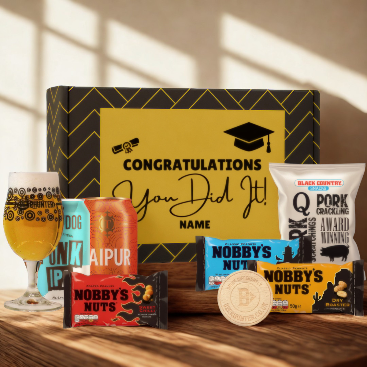 Personalised Graduation Beer Gift Set – Craft Beer Selection with Glass &amp; Snacks (2 Pack)
