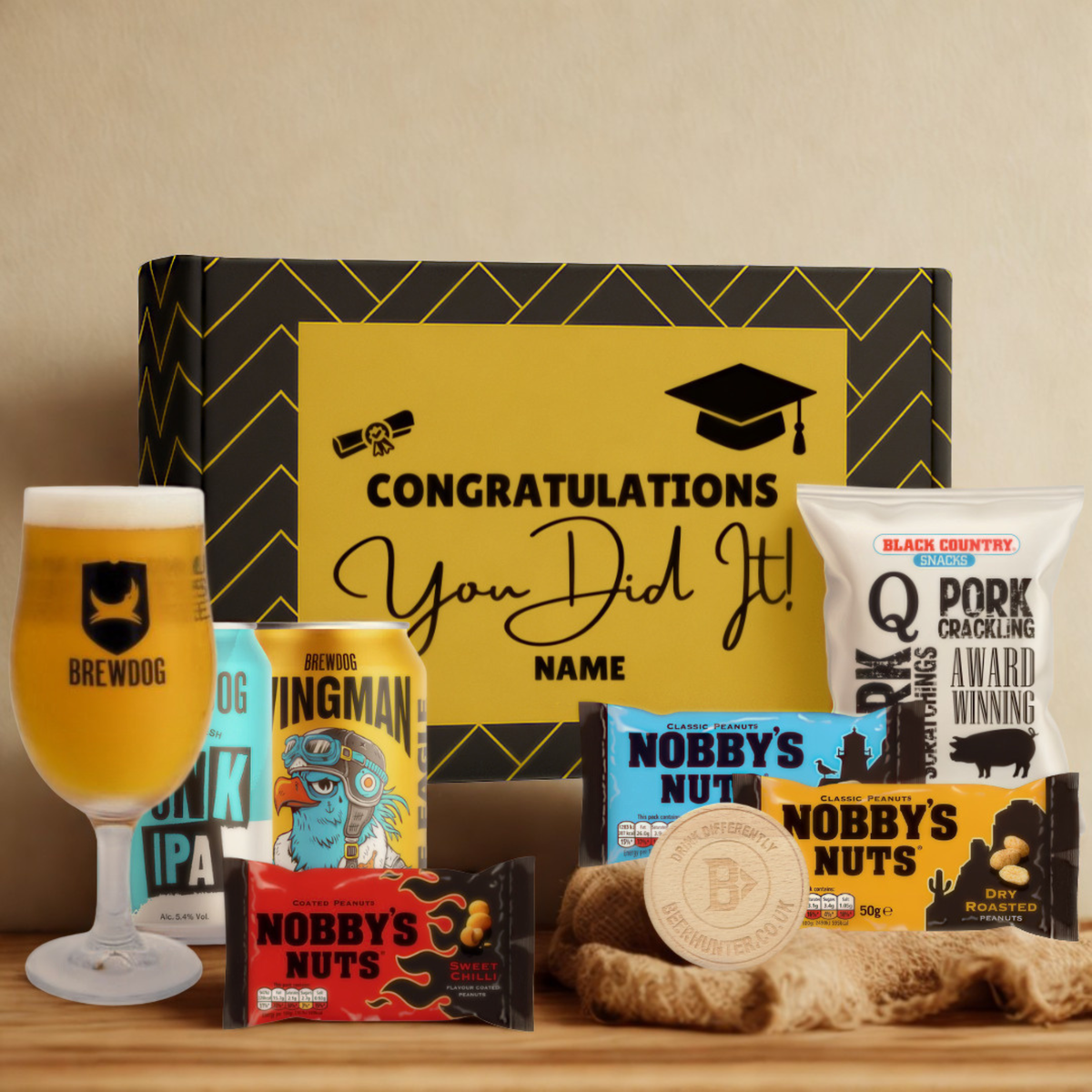 Personalised Graduation Beer Gift Set – Craft Beer Selection with Glass &amp; Snacks (2 Pack)