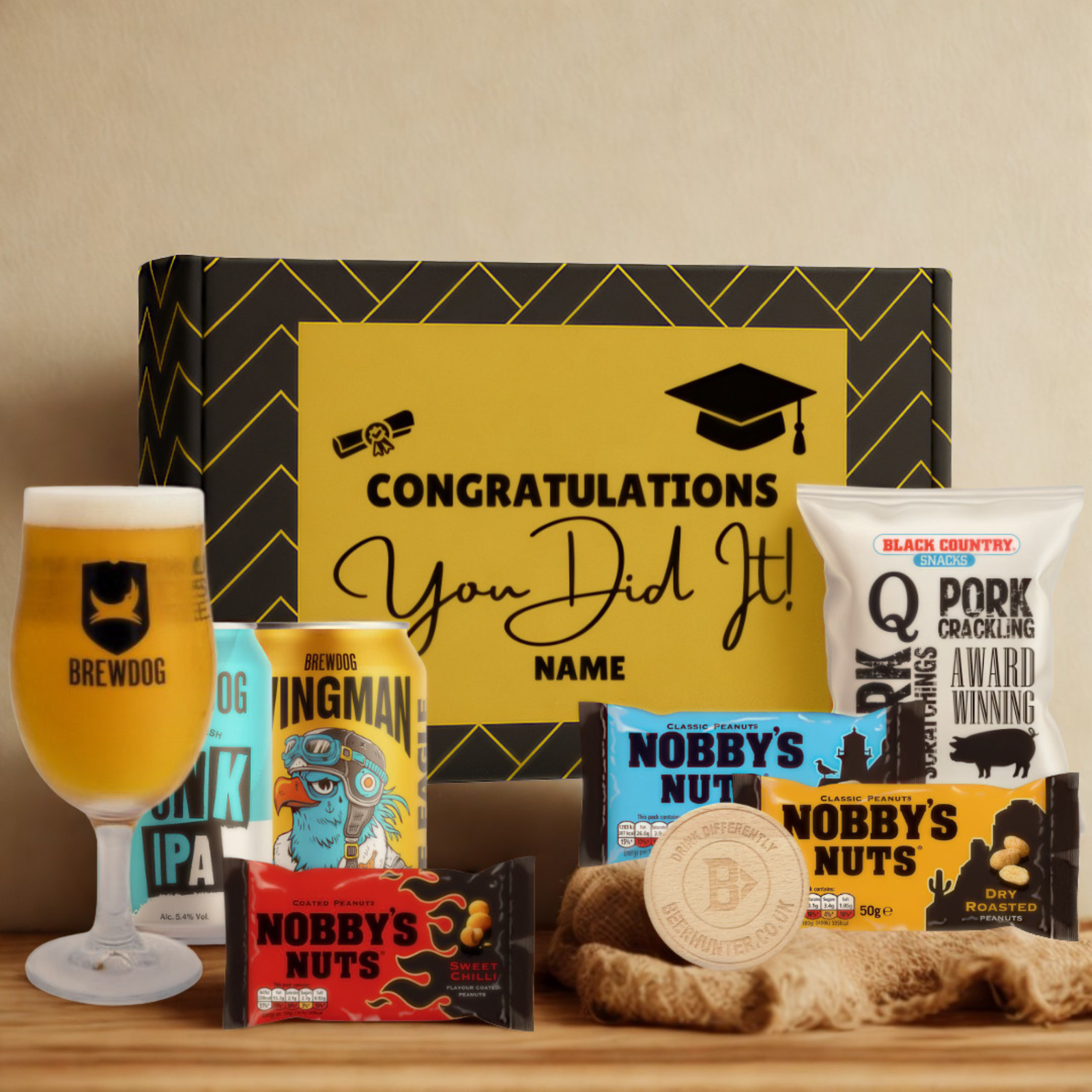 Personalised Graduation Beer Gift Set – Craft Beer Selection with Glass & Snacks (2 Pack)