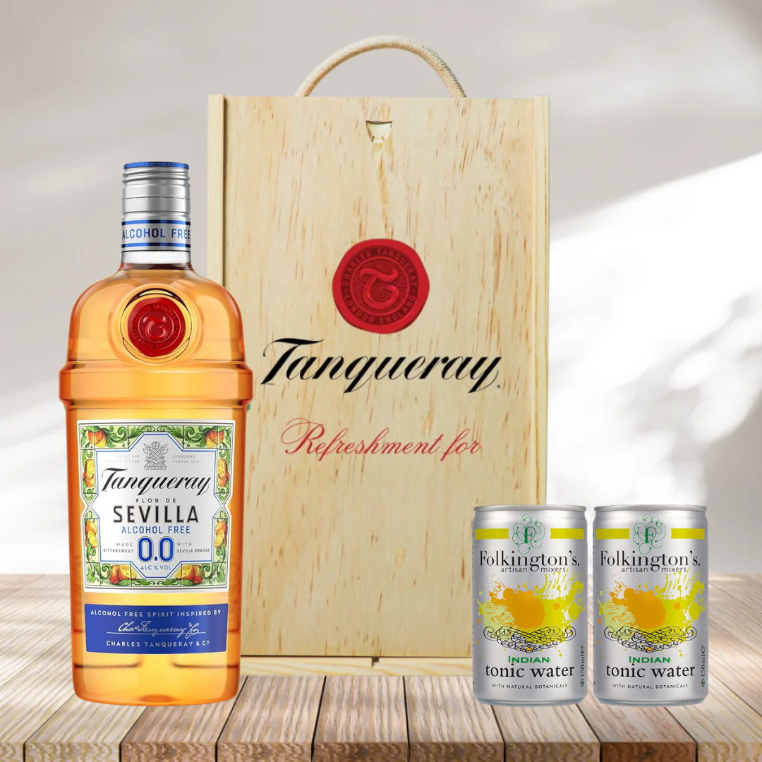 Personalised Tanqueray Sevilla 0.0 Alcohol-Free Gin & Tonic Gift Set In Wooden Box – 0.0% ABV (70cl)