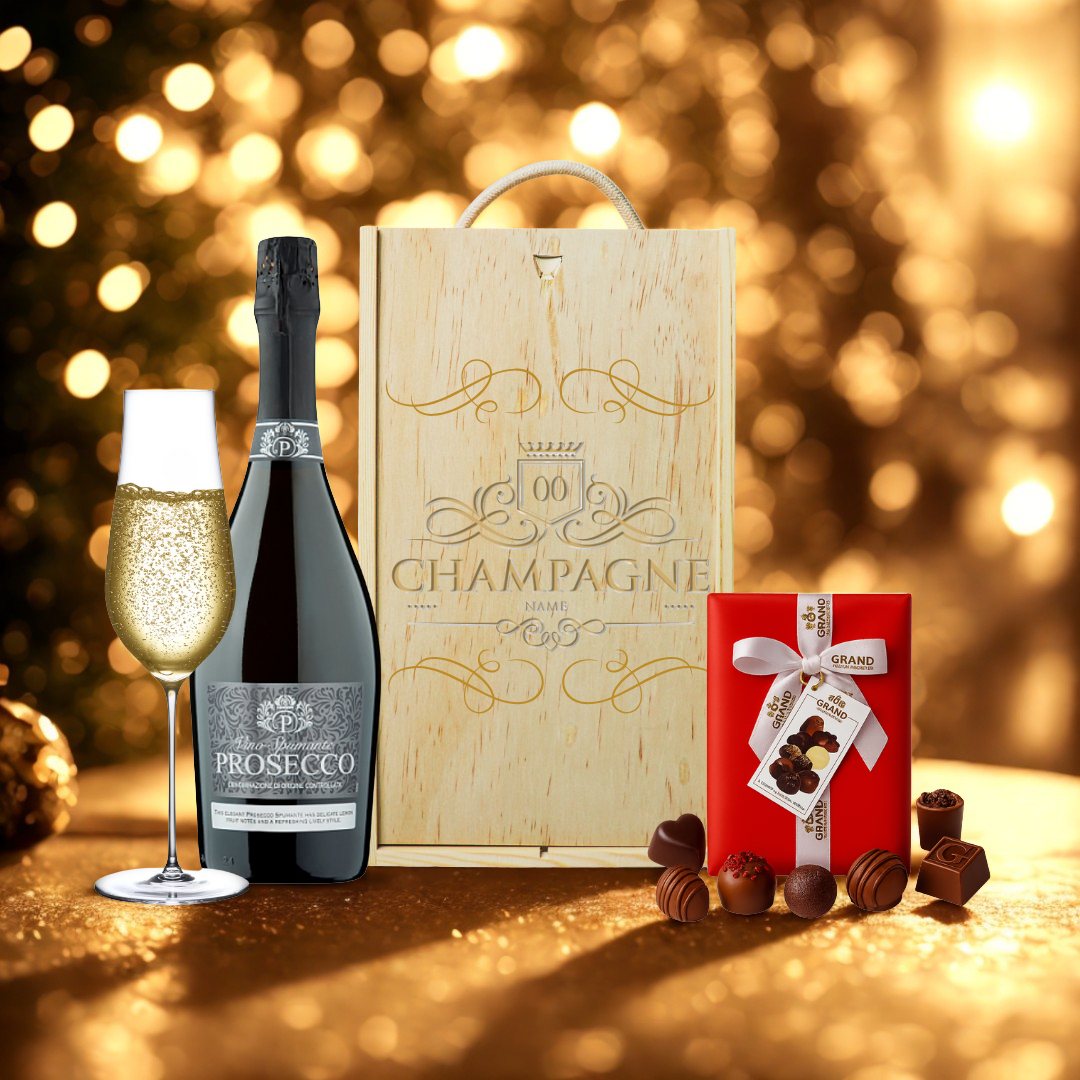Personalised Vino Spumante Prosecco Gift Box with Belgian Chocolates (75cl)