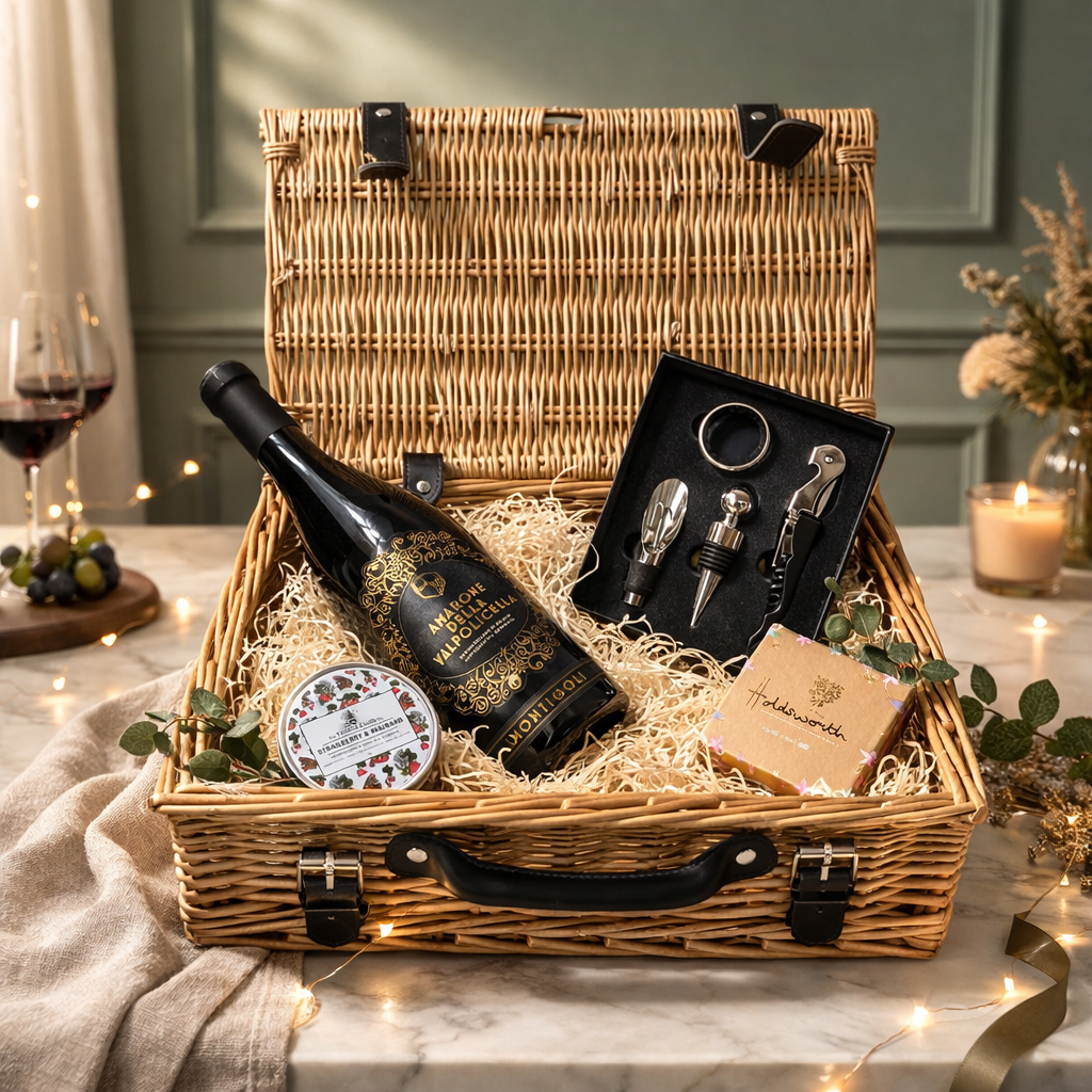Amarone della Valpolicella Red Wine 14" Gift Hamper with Chocolates and Accessories – 75cl (15% ABV)