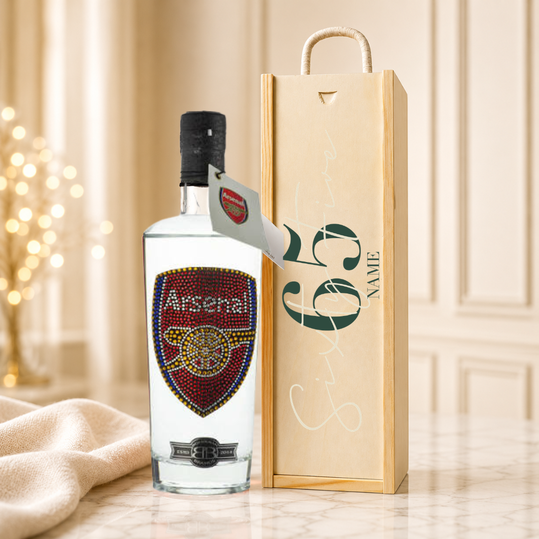 Personalised Birthday Arsenal Football Vodka in Wooden Presentation Box (70cl) – 37.5% ABV
