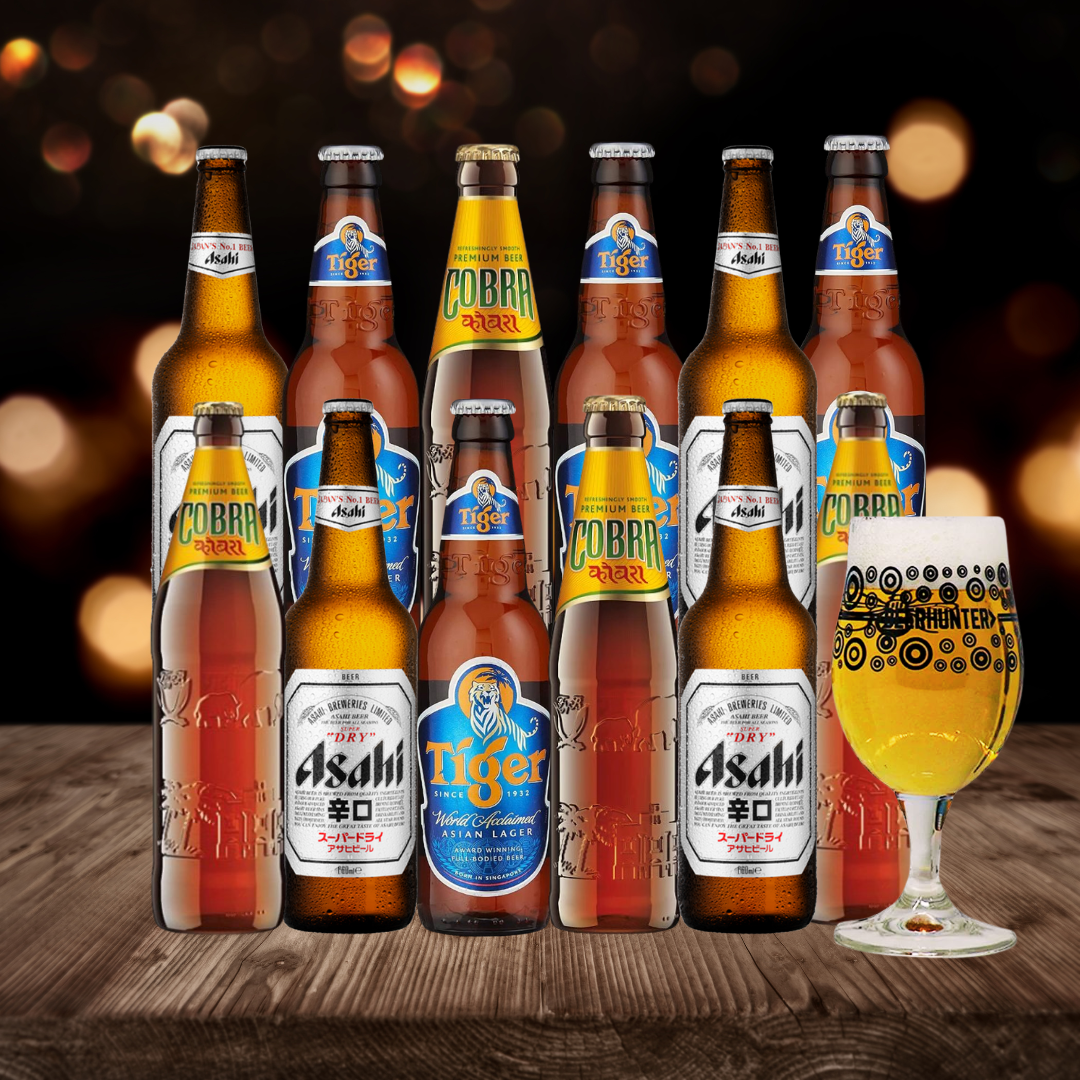 Asian Premium Lager Beer Mixed Case with Beerhunter Glass (12 Pack)