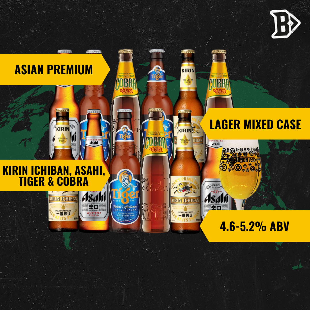 Asian Premium Lager Beer Mixed Case with Beerhunter Glass (12 Pack)