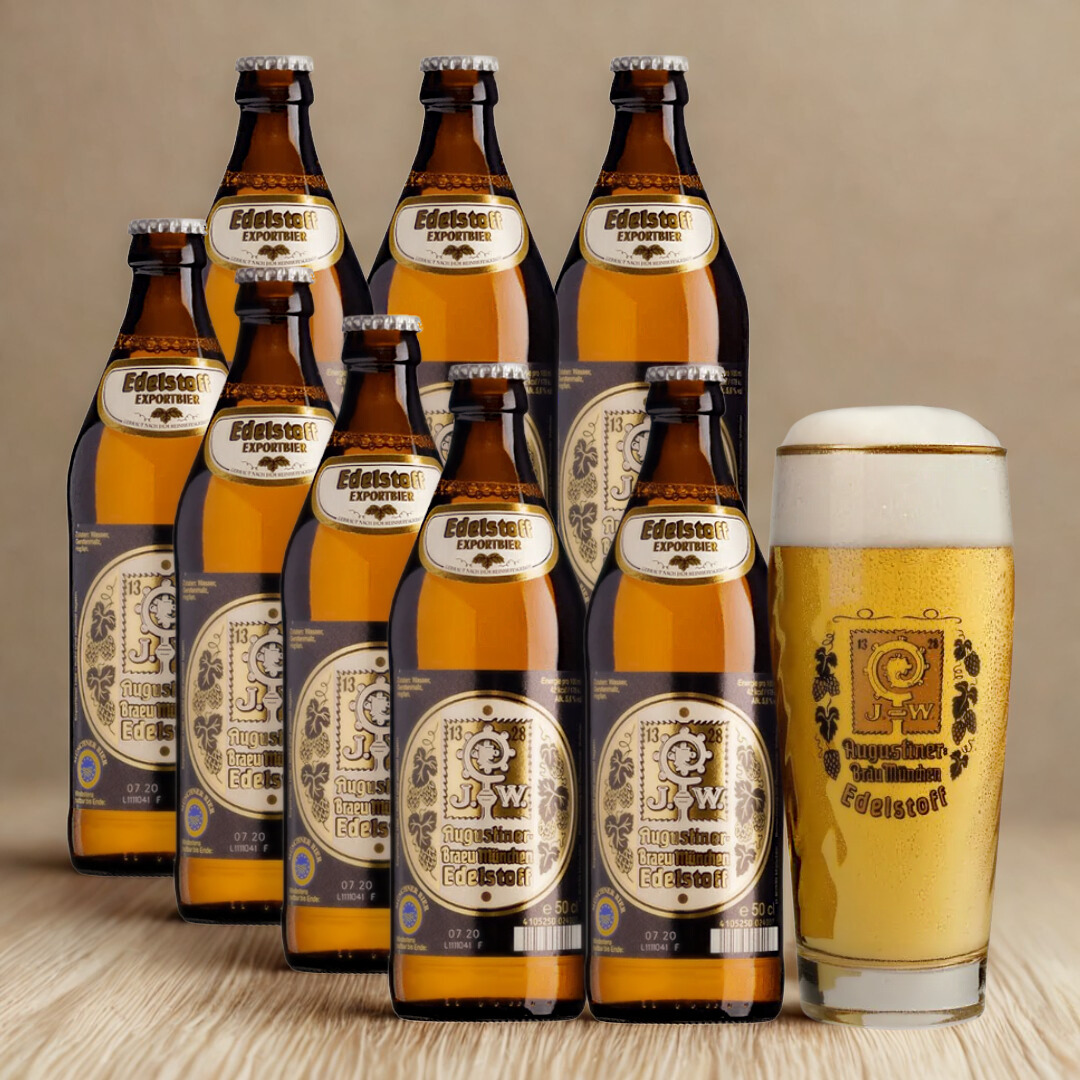 Augustiner Edelstoff German Lager 500ml Bottles with Free Glass - 5.6% ABV (8 Multipack)