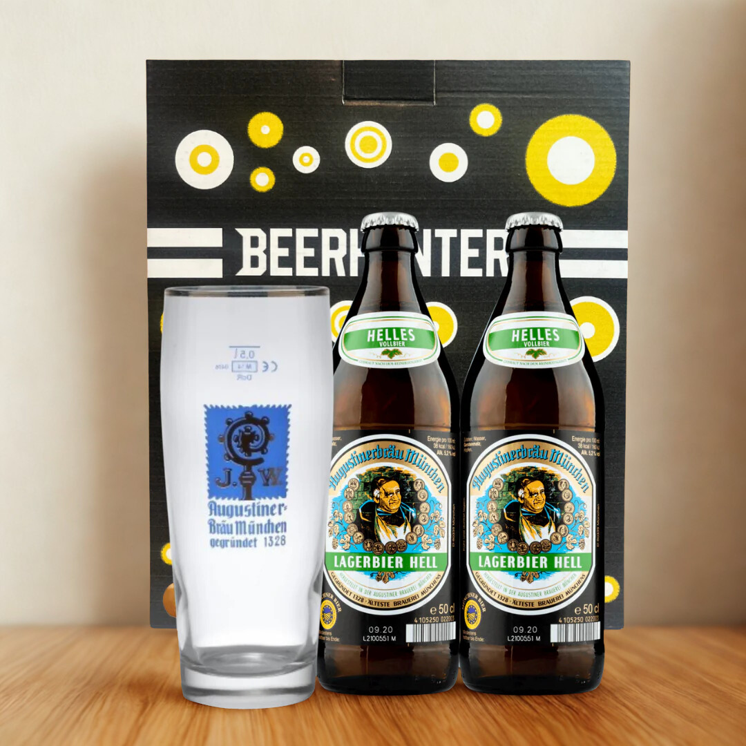 Augustiner Helles German Lager Gift Set with Official Augustiner Glass (2 Pack)