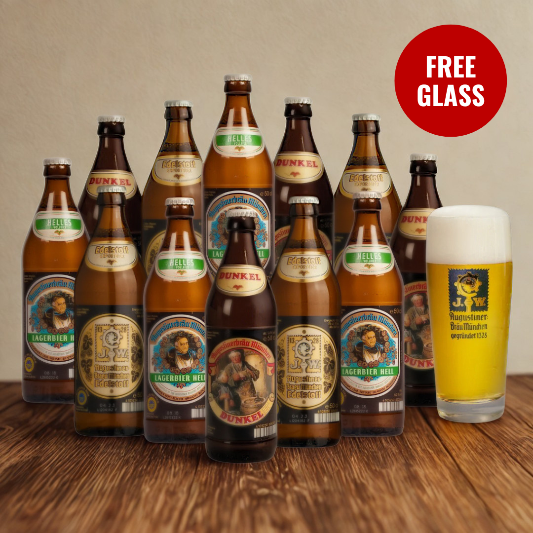 Augustiner German Lager Mixed Case (Helles, Dunkel &amp; Edelstoff) With Free Augustiner Pint Glass - (12 Pack)