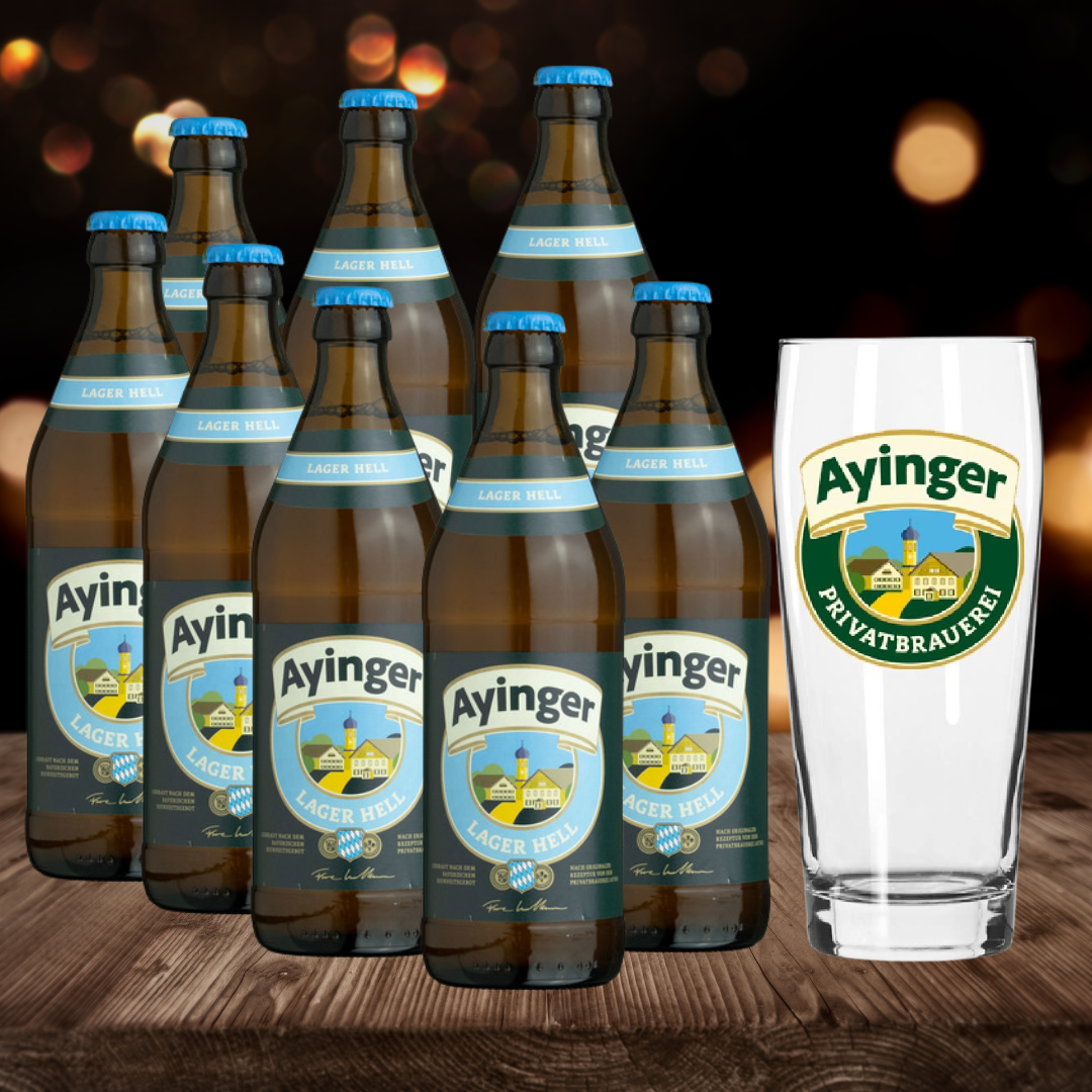 Ayinger Lager Hell 500ml Bottles with Free Ayinger Glass - 4.9% ABV (8 Pack)