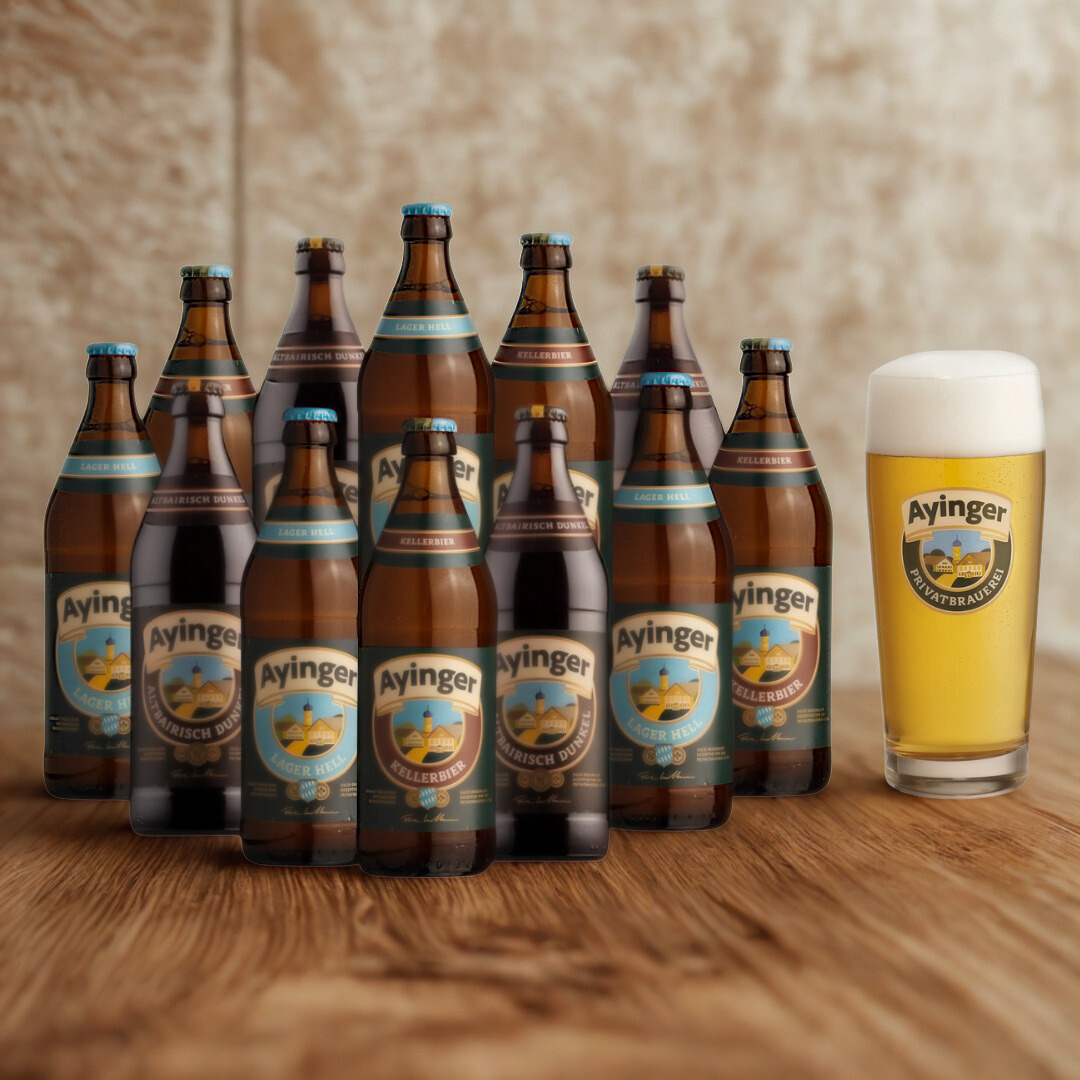 Ayinger German Lager Mixed Case (Helles, Dunkel & Kellerbier) with Free Glass - (12 Pack)