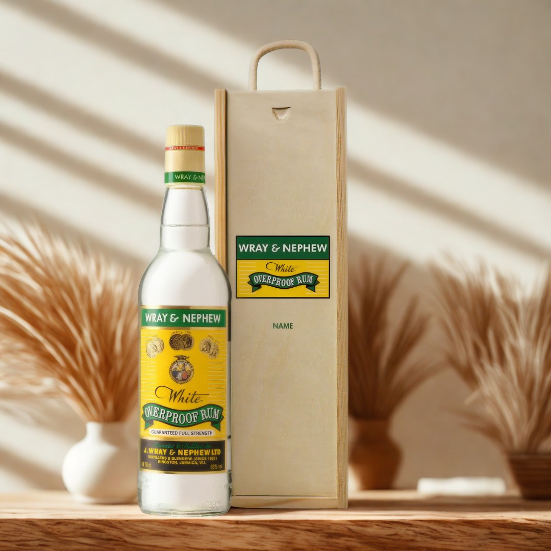 Personalised Wray &amp; Nephew Rum Gift Set in Wooden Box - 40% ABV (70cl)