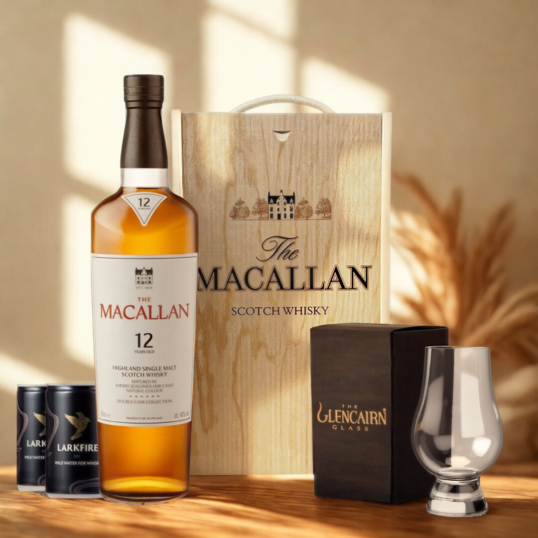 Personalised Macallan 12 Year Single Malt Scotch Whisky Gift Set with Glencairn Glass &amp; Larkfire Whisky Water