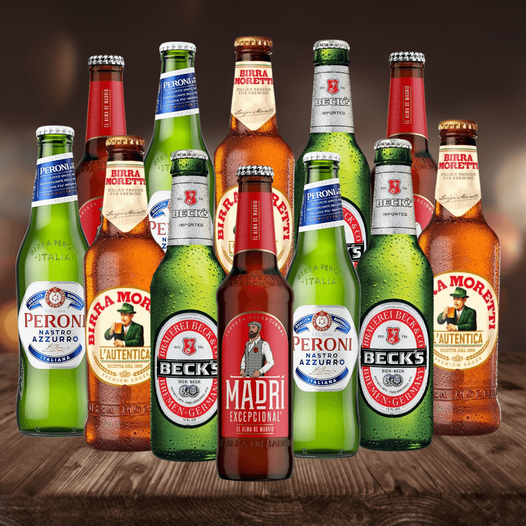 Beerhunter&#39;s Premium World Lager Mixed Case Set 330ml Bottles (12 Pack) - Peroni, Moretti, Becks, Madri - BEERHUNTER