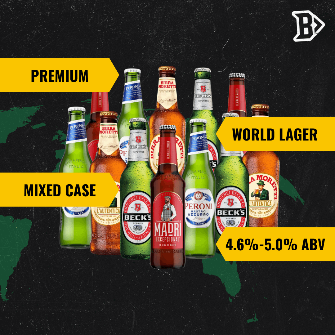 Beerhunter's Premium World Lager Mixed Case Set 330ml Bottles (12 Pack) - Peroni, Moretti, Becks, Madri - BEERHUNTER