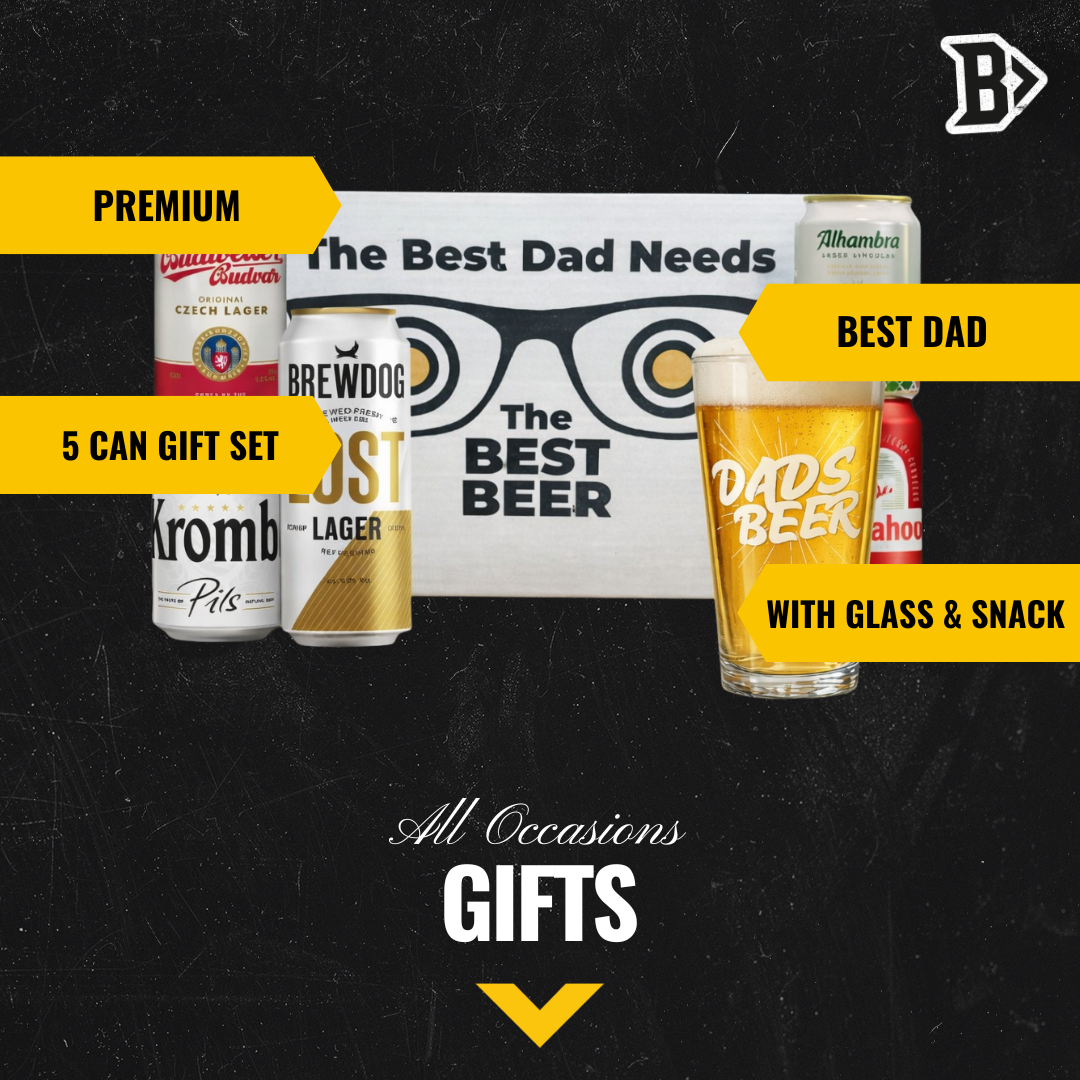 Premium Lager Beer “Best Dad” Gift Set (5 Cans) with Dad’s Beer Glass