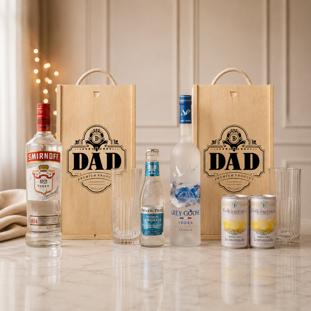 Best Dad Vodka Gift Set – 70cl Premium Vodka with Glass &amp; Lemonade (Choose Grey Goose or Smirnoff)