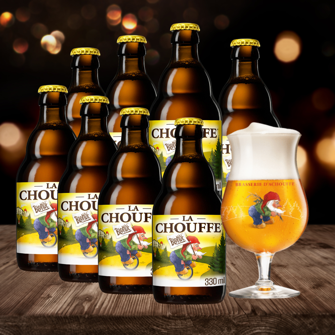 Brasserie d’Achouffe La Chouffe Belgian Blond Beer 330ml Bottles - 8.0% ABV (8 Multipack) with FREE Chouffe Glass