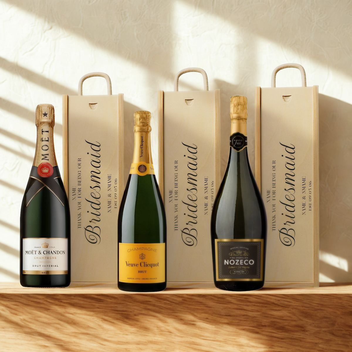 Personalised Bridesmaid Champagne &amp; Sparkling Gift Set with Wooden Presentation Box