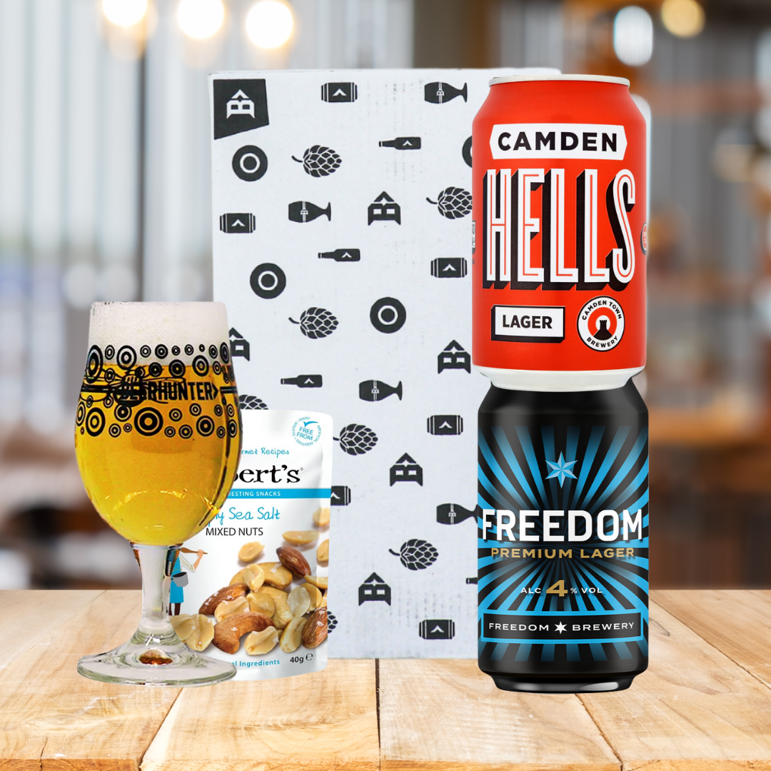 British Lager 2 Can Gift Set with Beerhunter Glass (330ml Cans) - BEERHUNTER