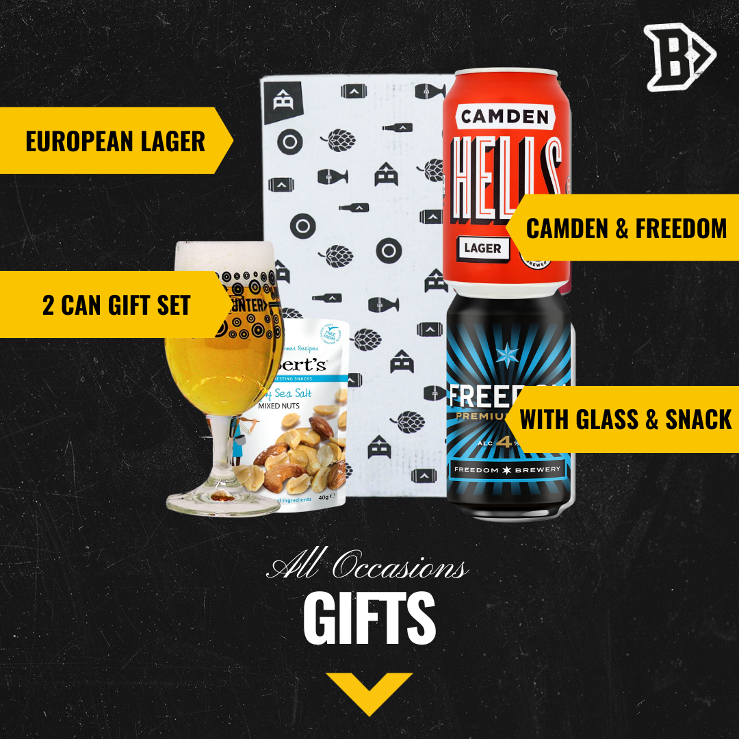British Lager 2 Can Gift Set with Beerhunter Glass (330ml Cans) - BEERHUNTER