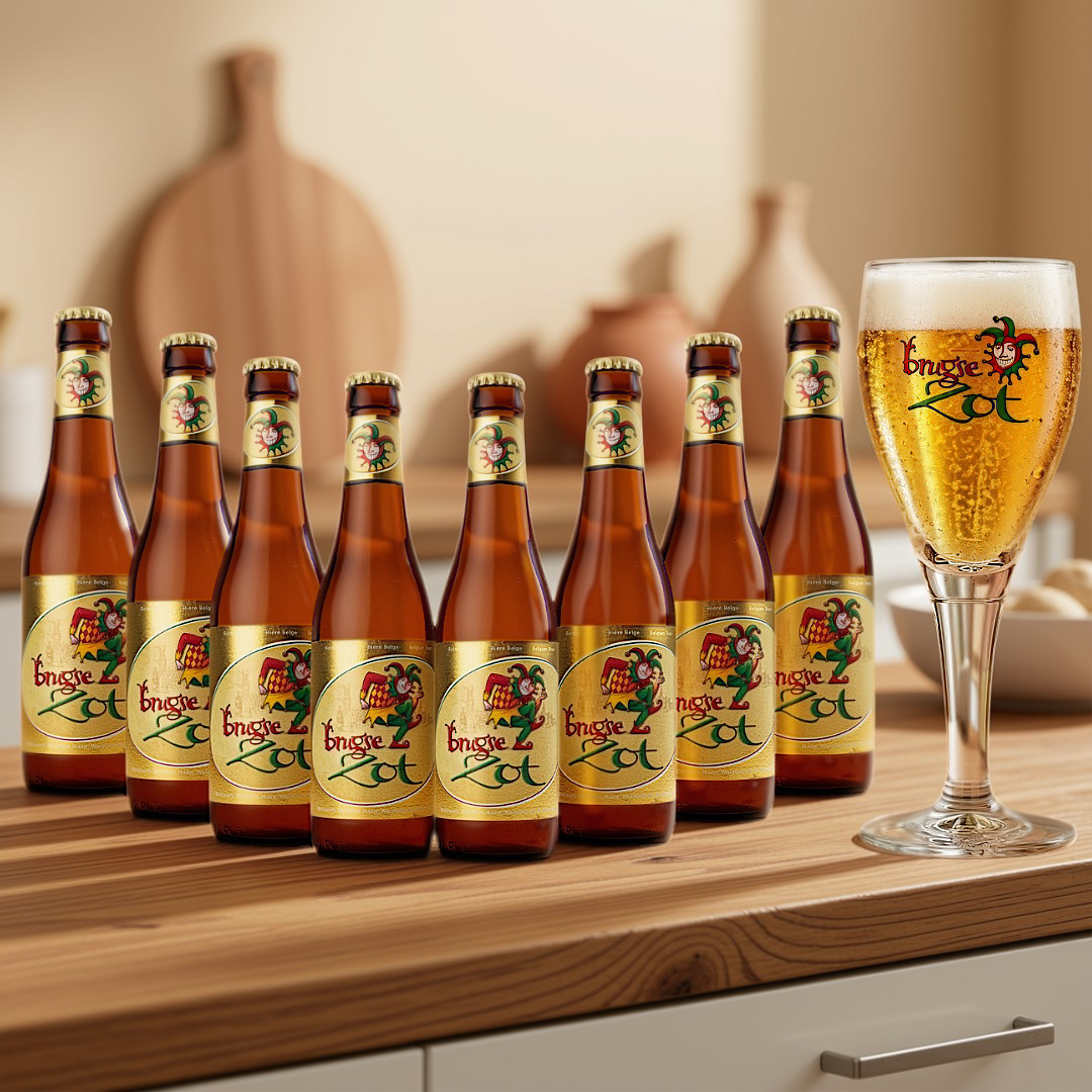 Brugse Zot Blond Belgian Ale 330ml Bottles with Brugse Zot Glass – 6.0% ABV (8 Pack)