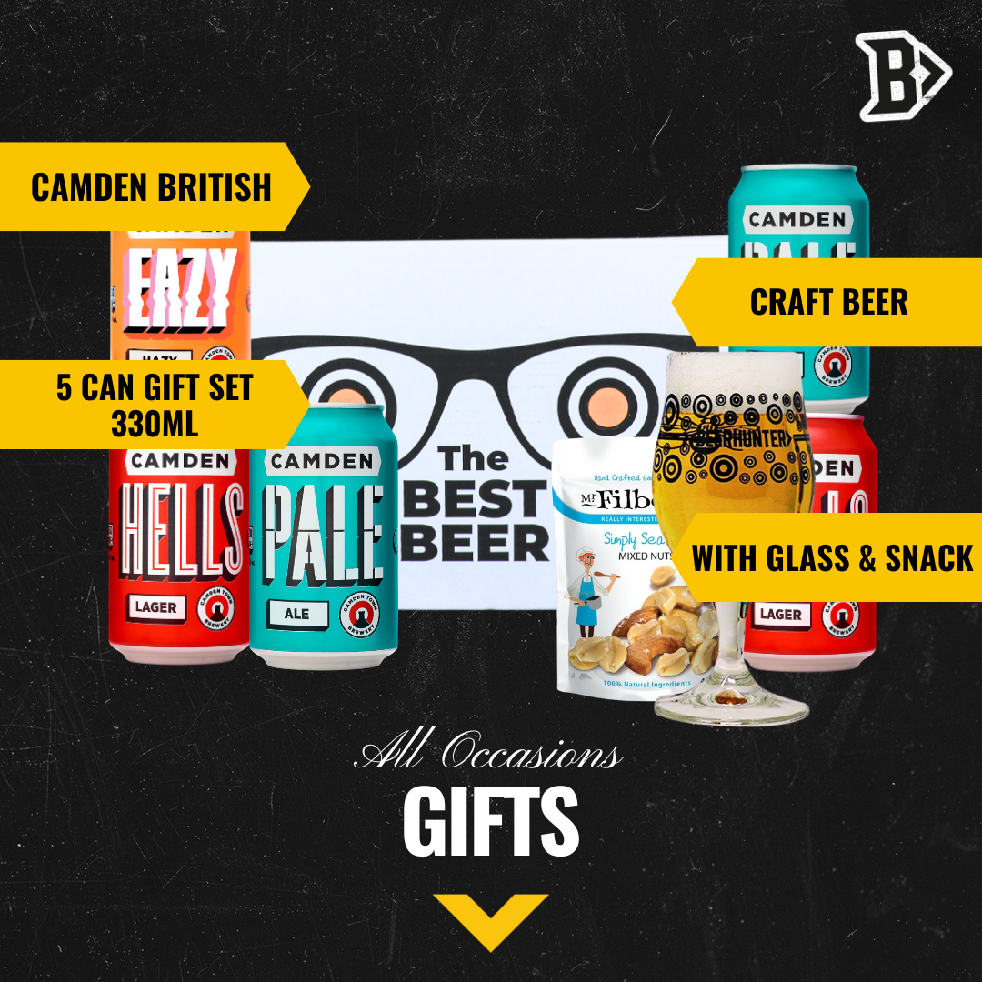 Camden British Craft Beer Gift Set Box with Glass - IPA, Pale Ale, Lager (5 x 330ml Cans) - BEERHUNTER