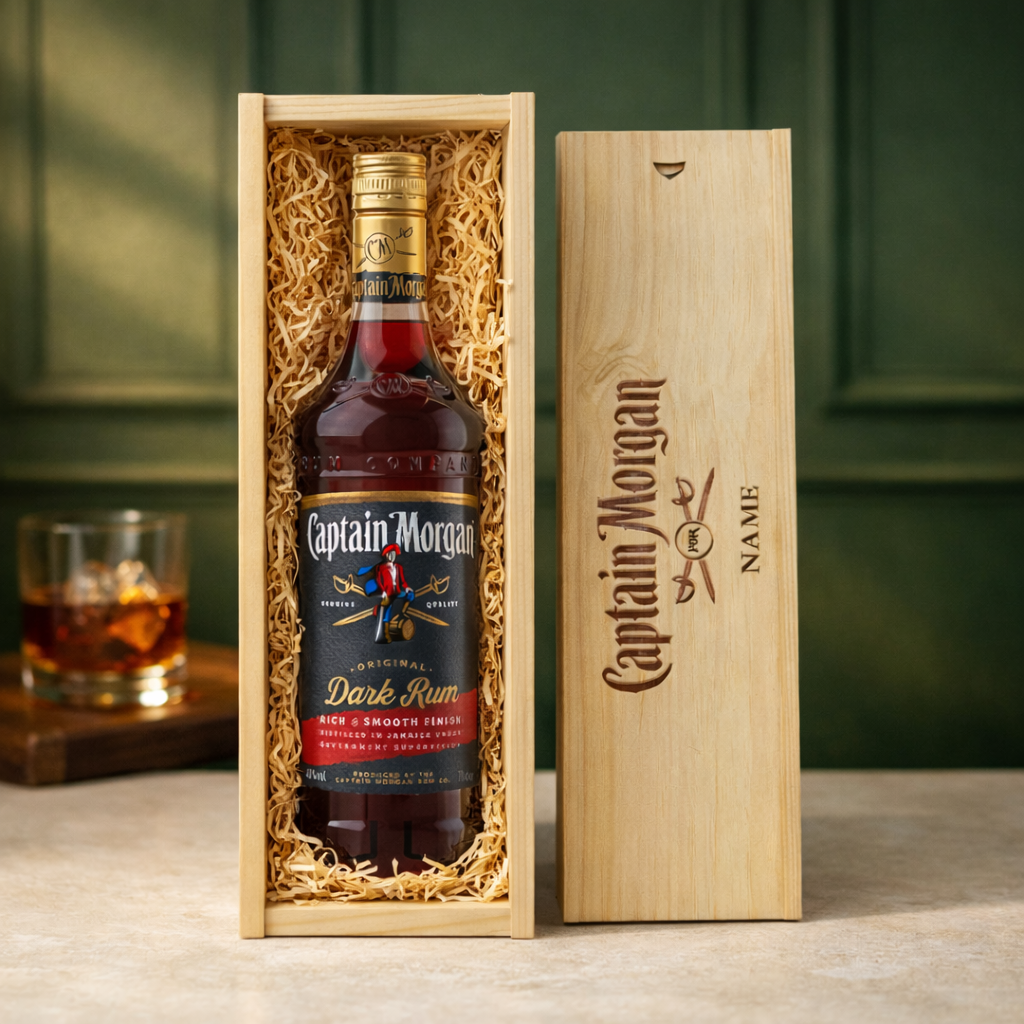Personalised Captain Morgans Dark Rum Gift Set in Wooden Box - 70cl