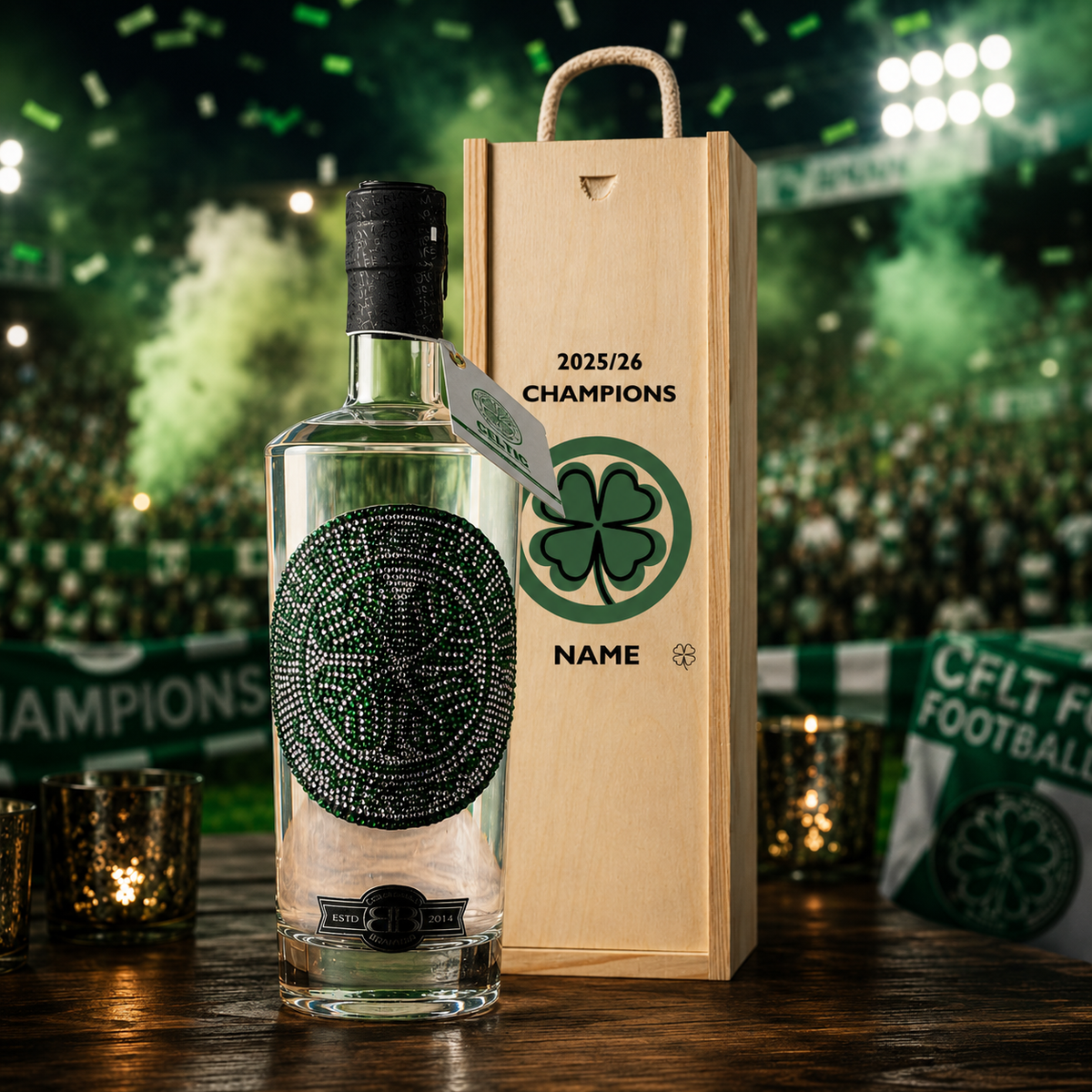 Glasgow Celtic Champions 2026 Football Vodka in Personalised Wooden Presentation Box (70cl) – 37.5% ABV