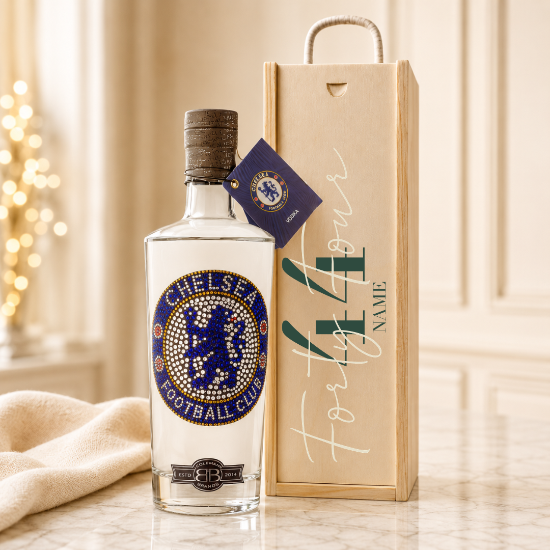 Personalised Birthday Chelsea Football Vodka in Wooden Presentation Box (70cl) – 37.5% ABV