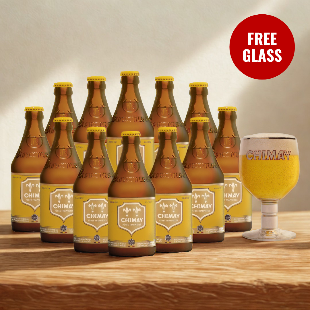Chimay Yellow Belgian Blond Ale 330ml Bottles with FREE CHIMAY GLASS - (12 Pack)