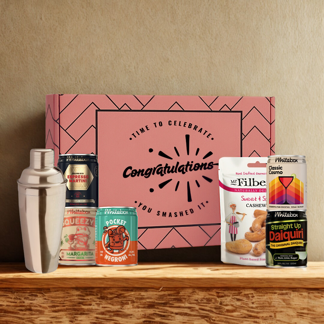 Congratulations Gift Box with Whitebox Ready-to-Drink Cocktail Cans & Gourmet Snack Gift Box (5 x 10cl)
