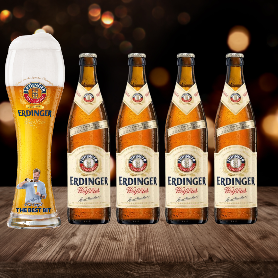 ERDINGER Weissbier German Wheat Beer 500ml Bottles with Klopp Glass – 5.3% ABV (4 Multipack)