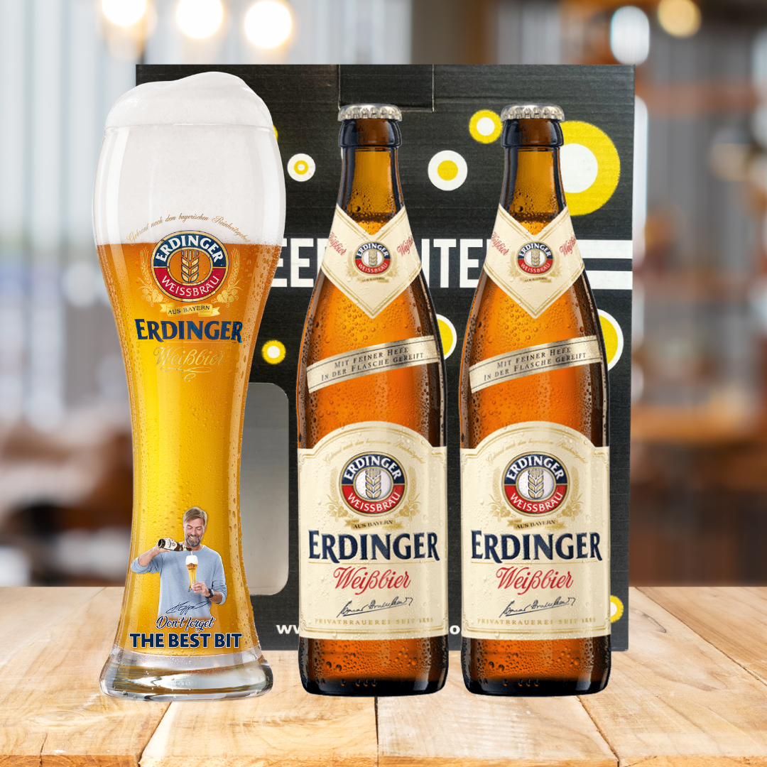 Erdinger Weissbier German Wheat Beer 500ml Bottles Gift Set with Klopp Glass - 5.3% ABV (2 Pack)