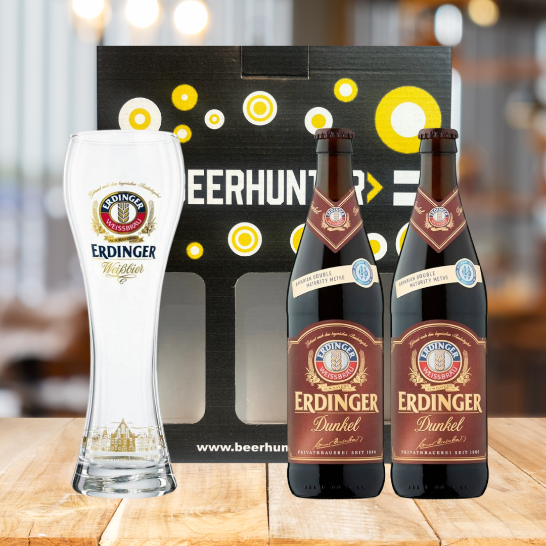 ERDINGER Dunkel German Beer Gift Set with Official ERDINGER Glass (2 Pack) - BEERHUNTER