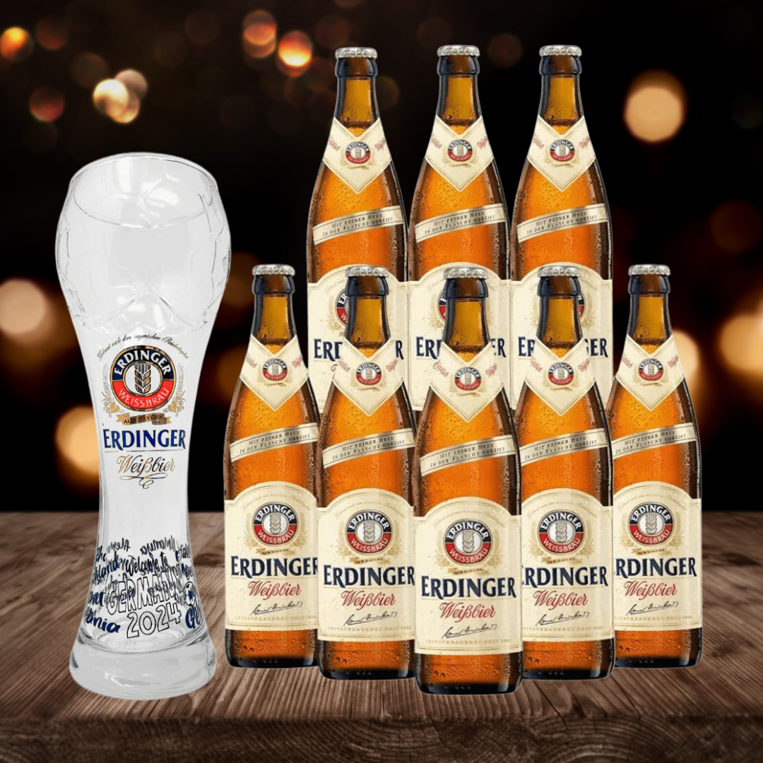 ERDINGER German Wheat Beer 500ml Bottles with Limited Edition Football Euro&#39;s Glass - 5.3% ABV (8 Pack) - BEERHUNTER