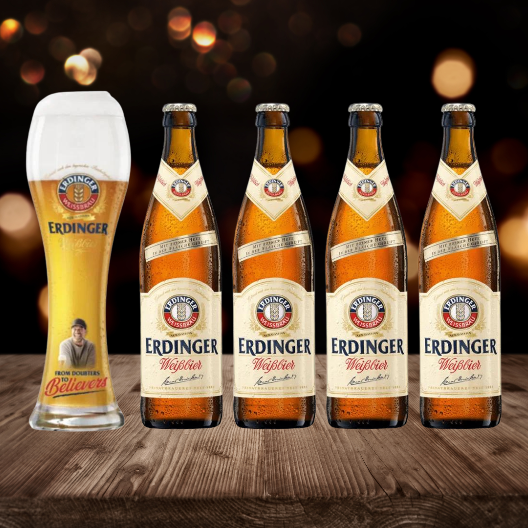 ERDINGER Weissbier German Wheat Beer 500ml Bottles with Limited Edition Glass – 5.3% ABV (4 Multipack) - BEERHUNTER