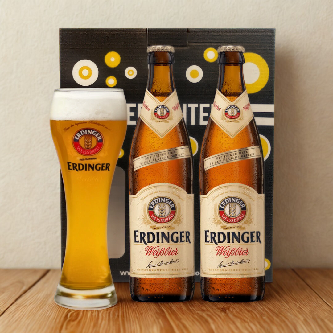 ERDINGER Weissbier German Wheat Beer Gift Set with Official ERDINGER Glass (2 Pack)
