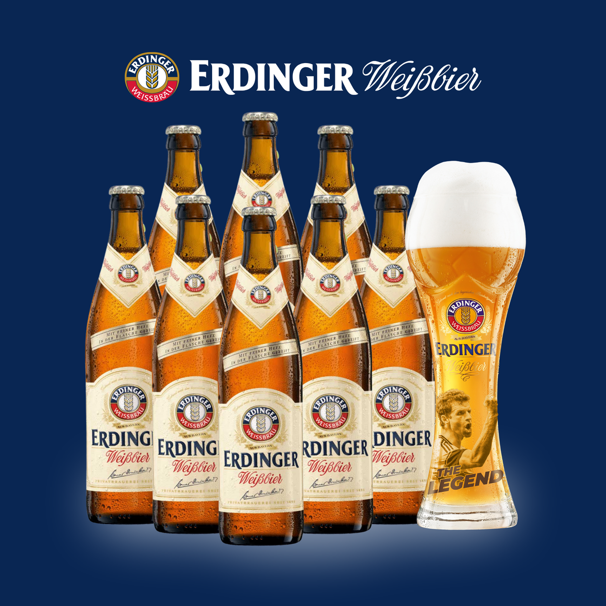 Erdinger Weissbier 500ml Bottles (8 Pack) with FREE Thomas Müller Legends Football Glass – German Wheat Beer 5.3% ABV