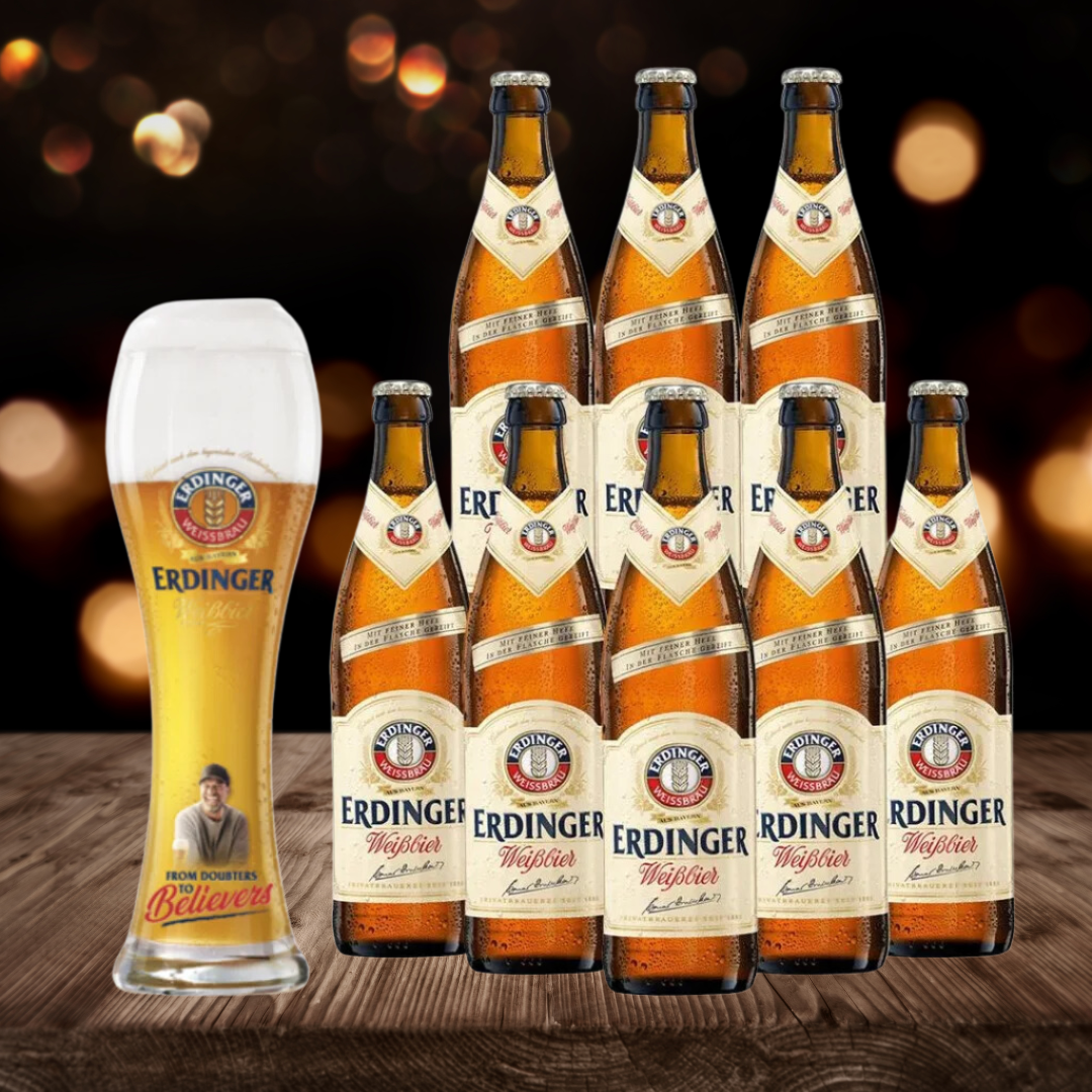 Erdinger Weissbier German Wheat Beer 500ml Bottles with Klopp Glass - 5.3% ABV (8 Pack) - BEERHUNTER